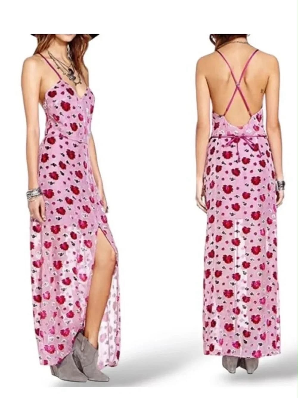 For Love And Lemons Pink Floral Backless Maxi Dress Silk Velvet Slip Mesh Boho